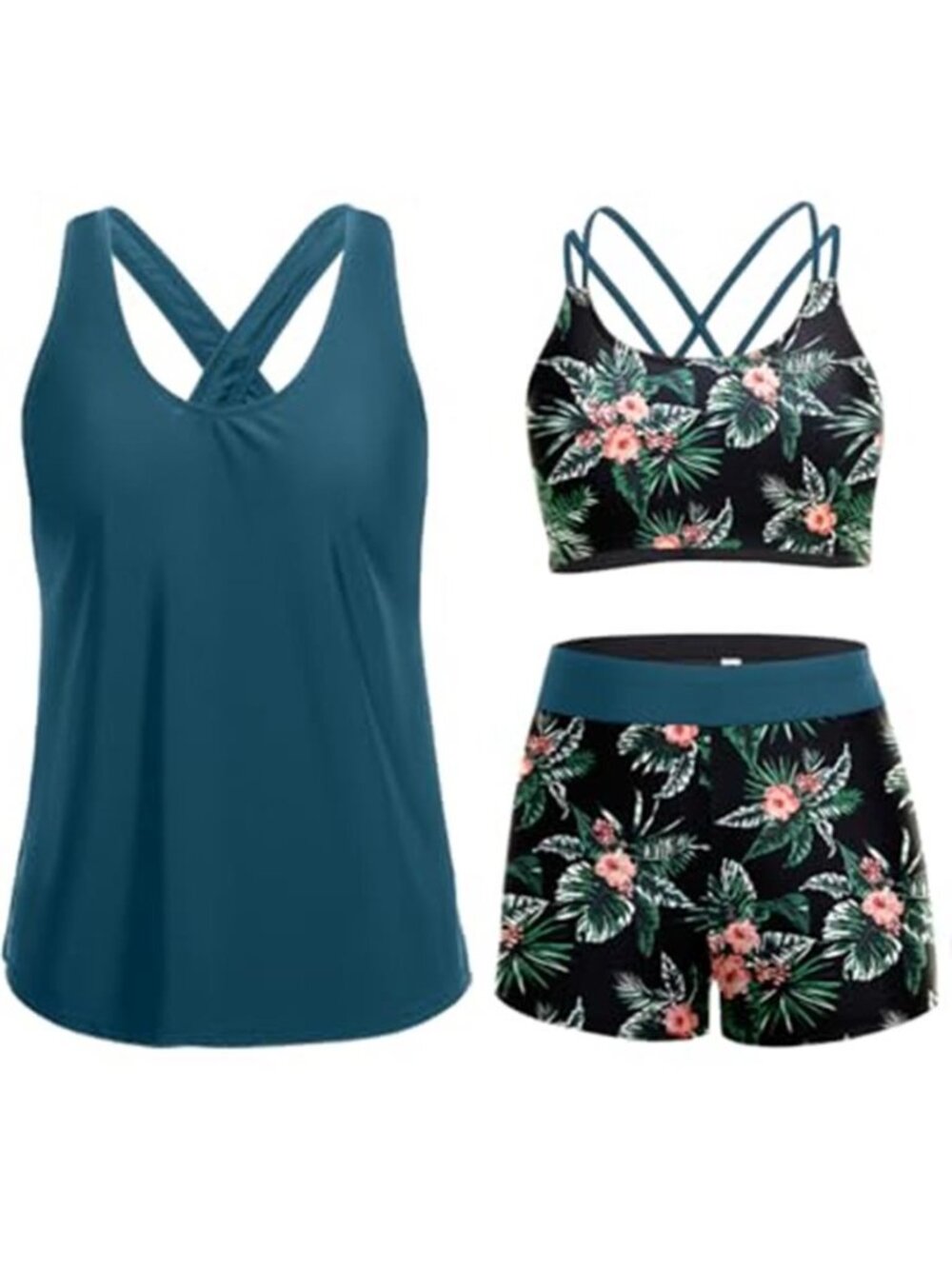 3 Piece Tankini Swimsuit Women Tummy Control Boy Shorts Green Floral Plus Size